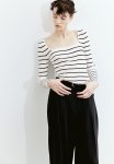 Square-neck Rib-knit Top - White & Black Striped