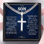 To My Son" Cross Cuban Chain Necklace Stainless Steel Cuban Chain Cross Pendant Son's Birthday Gift Valentine's Day Gift Graduat