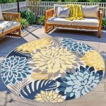 Colorful 6FT Outdoor Round Area Rug Washable Rugs Multicolored Patio Rug Tropical Botanical Floral Chenille Waterproof Outdoor C