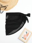 Plain Black Color Semi Sheer Mesh Knot Side Versatile Basic Cover Up Women's Swimwear & Clothing