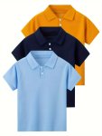 3-PACK Boys Lapel Shirts Unisex Preppy Style Short Sleeve Top Summer Casual Wear