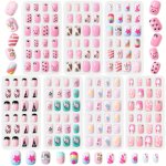 7 Sets 168 Pieces Self-adhesive Pre-glued Kids Press-on Nails Set Diverse Cute Patterns Premium Acrylic Material Safe & Harm-fre