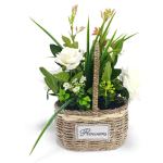 Artificial Rose Plant With Leaves In Basket Pink & Green