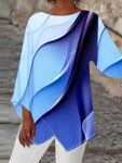 Women's Plus Size Casual Ombre T-Shirt With Asymmetrical Hem - Crew Neck Polyester Blend Knit 95% Polyester 5% Spandex Medium St