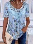 Plus Size Floral Print Lace Stitching T-Shirt Casual Short Sleeve Top For Spring & Summer Women's Plus Size Clothing