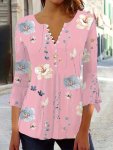 Floral Print Button Front T-Shirt Casual Flared Sleeve Top For Spring & Fall Women's Clothing
