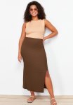 Plus Brown Slit Knit Skirt - Brown