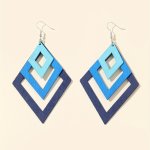 Gradient Color Blue Purple Multi-layer Rhombus Shape Hollow Dangle Earrings Bohemian Simple Style Wooden Jewelry Trendy Female