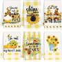 Sunflower Pattern Woven Dish Towels Set - Polyester & Cotton Blend Hand Wash Only Contemporary Floral Kitchen Towels Oblong Decorative Yellow White Buffalo Check