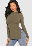 Side Split Turtle Neck Knitted Ribbed Top - Khaki