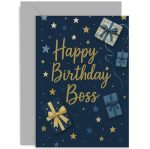 Premium Male Birthday Cards For Boss Gold And Navy Stars And Wrapped Presents - 5X7 Card Blank Inside With Envelope