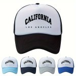 California Los Angeles Print Mesh Trucker Cap Adjustable Unisex Summer Sun Protection Baseball Hat Casual Style 100% Polyester F