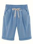 Plus Size High Rise Drawstring Shorts Women's Plus Slight Stretch Solid Casual Shorts With Pocket