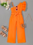 Tween Girls Stylish & Creative One Shoulder Asymmetrical Ruffle Trim Solid Colored Belted Jumpsuit For Spring & Summer