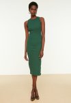 Halterneck Fitted Ripple Flexible Midi Knit Dress - Dark Green