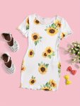 Sunflowers Full Print Comfy Short-sleeve Dress For Girls Spring summer Daily Casual Dresses Gift