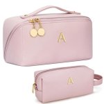 Kkxiu Initial Makeup Bag For Women - Personalized Makeup Bag Gifts For Women Travel Toiletry Bag With Pu Leather Open Flat Desig