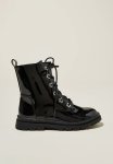 Cotton On Combat Lug Boot - Black Patent Flower Eyelets