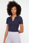 Crop Polo Neck Ribbed Knit Blouse - Dark Blue