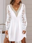 Women's V-neck Lace Sleeve Dress - Polyester Casual Fit And Flare Style With Contrast Lace Detail Solid Color Knit Fabric All-se