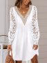 Women's V-neck Lace Sleeve Dress - Polyester Casual Fit And Flare Style With Contrast Lace Detail Solid Color Knit Fabric All-season Suitable