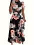 LaCie Lace Up Floral Print Maxi Dress Elegant Mock Neck Short Sleeve Dress For Spring & Summer Women's Clothing