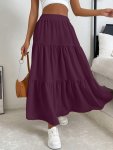 Solid Color Ruched Flowy Skirt Elegant High Waist Ankle Length Skirt For Spring & Summer Women's Clothing