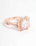 Rose Gold Cubic Zirconia Princess Halo Ring - M l