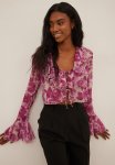 Tie Front Frill Chiffon Blouse - Red pink Roses