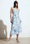Linen-blend Midi Dress - White & Blue Floral