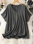 Plus Size Simple Solid T-Shirt Casual V Neck Short Sleeve T-Shirt Women's Plus Size Clothing