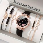 1 6PCS SET 1PC Watch Girls Cute Heart Firework Rhinestone Analog Quartz Wristwatch & Bracelets Gift For Daughter