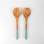 Wooden Serving Spoon With Enamel Aqua - Set Of 2