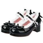 Luxmax Women Bow Mary Janes Patent Leather Platform Sweet Lace Pumps Chunky Mid Heel Cute Shoes Size 7.5 M Us Black