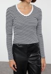 Navy Blue Striped Corded V-neck Fitted Long Sleeve Crop Stretchy Knitted Blouse