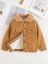 Girls Solid Button Collared Casual Corduroy Jacket With Polar Fleece Lining Autumn And Winter