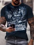 "route 167.64CM And Classic Car Pattern Print Men's Short Sleeve Comfy T-Shirt Graphic Tee Men's Summer Clothes Men's Clothing