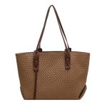 Fashion Woven Tote Bag For Women Large Vegan Pu Leather Shoulder Handbag Top Handle Satchel For Work Travel Khaki