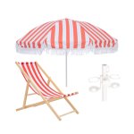 2.0M Red Stripe Umbrella Wooden Recliner Chair & Cup Holder