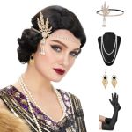Stfantasy Short Balck 20S Flapper Wig With Headband+ Necklace+earrings+gloves Flapper Wave Curly Synthetic Hair For Women 1920S