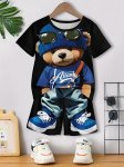 Boys 2-PIECE Summer Set Stylish Bear 3D Print Short Sleeve Tee + Matching Shorts Casual Co Ord Set Boys Streetwear