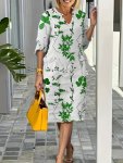 Plus Size Plant Print Notched Neck Dress Casual Long Sleeve Dress For Spring & Fall Women's Plus Size Clothing