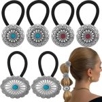 6 Pcs Metal Western Style Ponytail Holders Boho Hair Ties Flower Circular Hair Ropes Vintage Squash Blossom Hairs Rope Vintage T
