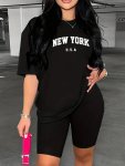 New York Print Casual Shorts Set Crew Neck Short Sleeve T-Shirt & Skinny Shorts Outfits Women's Clothing