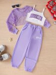 3PCS Brooklyn Letter Cami Shirt + Cover-up Top + Jogger Pants Girls Outfit Set - Versatile For Summer & Casual Outings