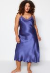 Plus Lace Detailed Satin Nightgown - Indigo