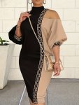 Plus Size Casual Dress Women's Plus Colorblock Geometric Print One Shoulder Lantern Sleeve Mock Neck Midi Dress