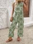 Damask Pattern Cinched Waist Jumpsuit Vacation Sleeveless Crew Neck Wide Leg Jumpsuit Women's Clothing