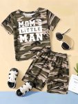2PCS Boys Casual Mama's Little Man Letter Print Camouflage Comfortable Versatile Short Sleeve T-Shirt & Shorts Set Cool Lightwei