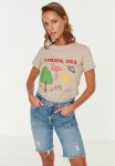 Printed Basic Knit T-Shirt - Beige
